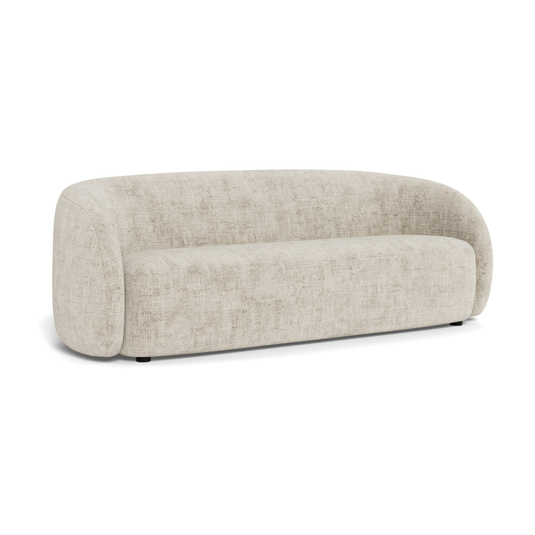 Lodi sofa i lys beige stoff med avrundet design og sorte ben