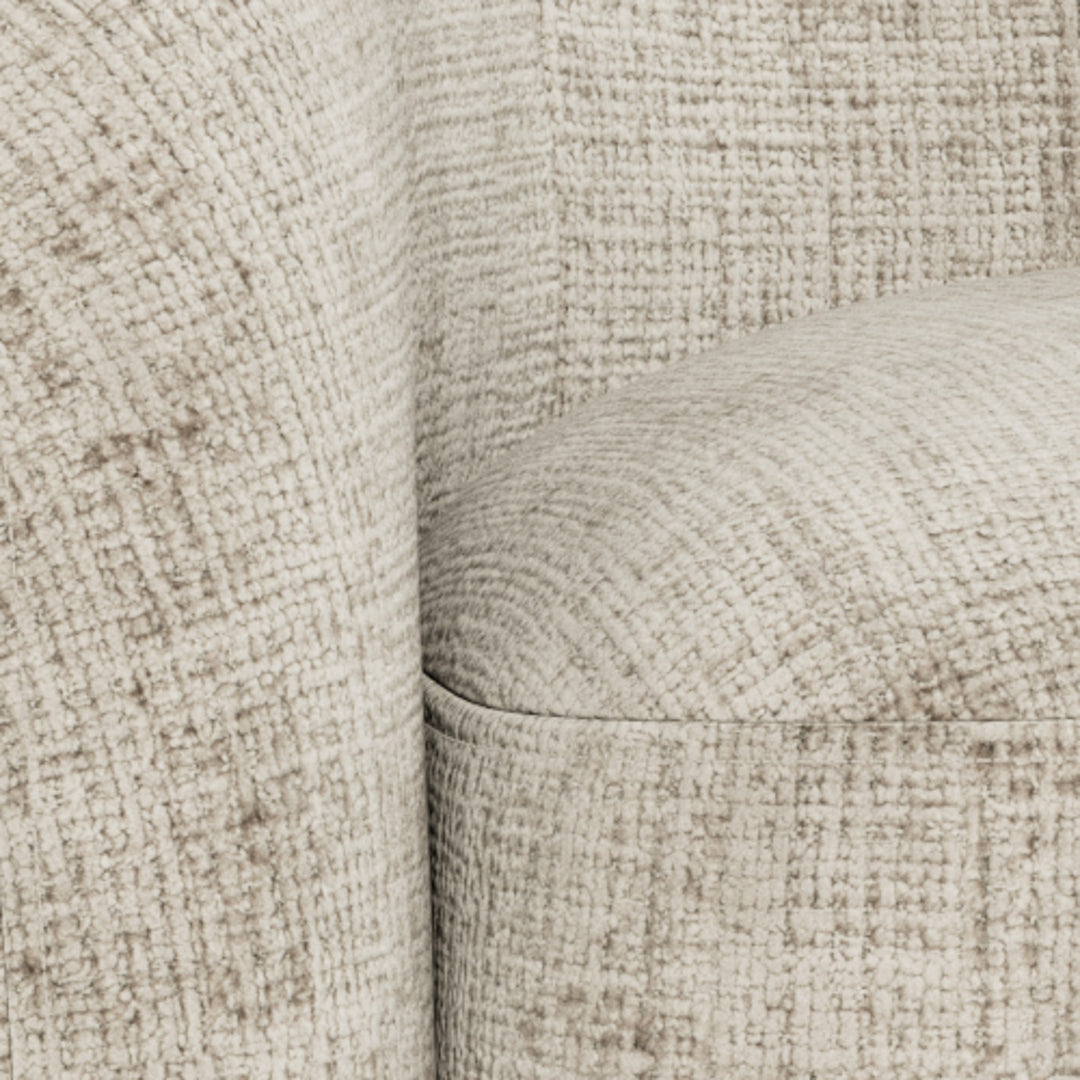 Lodi sofa i lys beige bouclé, nærbilde av rygg og sete