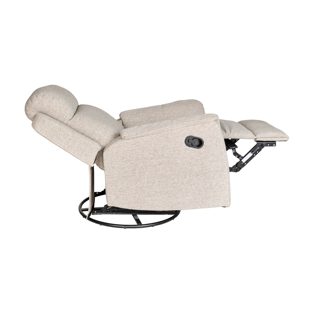 Tornio reclinerstol i beige stoff, helt tilbakelent sett fra siden med sort dreieunderstell