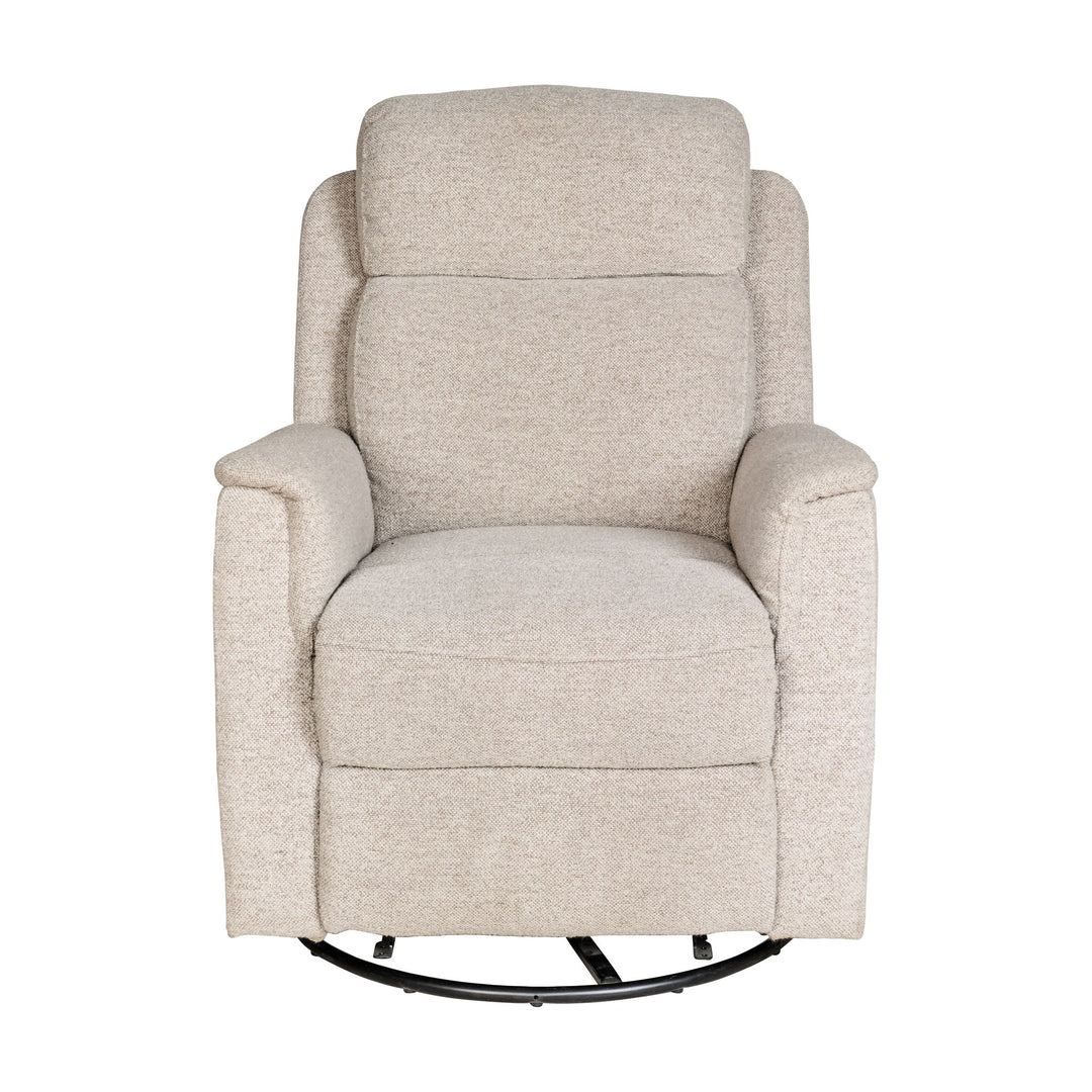 Tornio reclinerstol i beige stoff, sett forfra, med sort dreiefot
