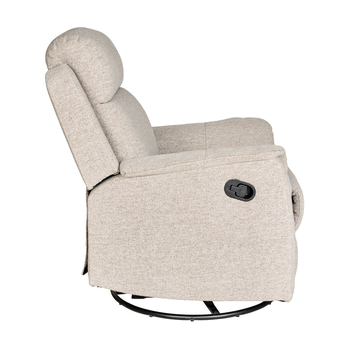 Tornio reclinerstol i beige stoff, sett fra siden med betjeningshåndtak