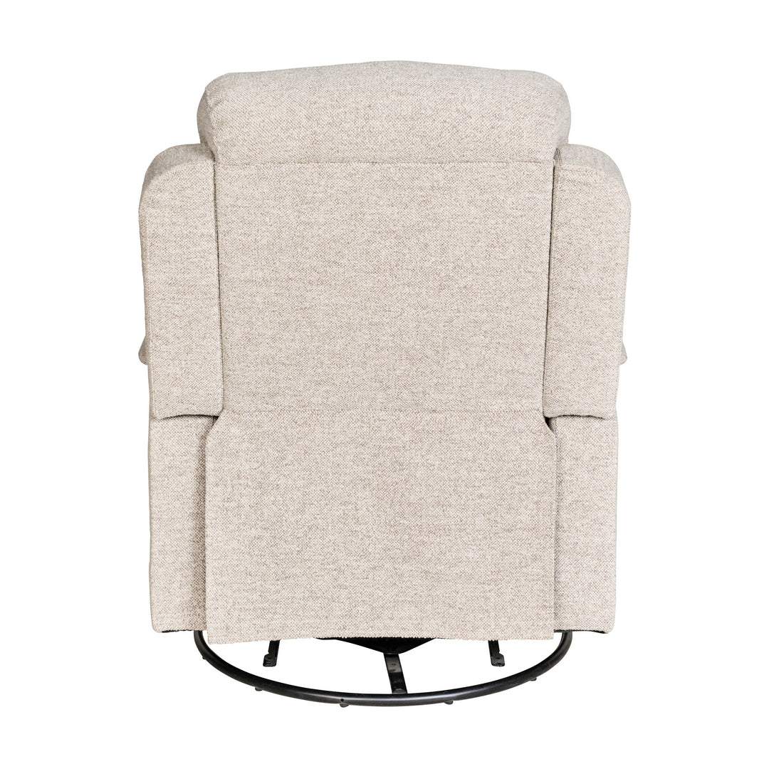 Tornio reclinerstol i beige stoff, sett bakfra, med sort dreiefot