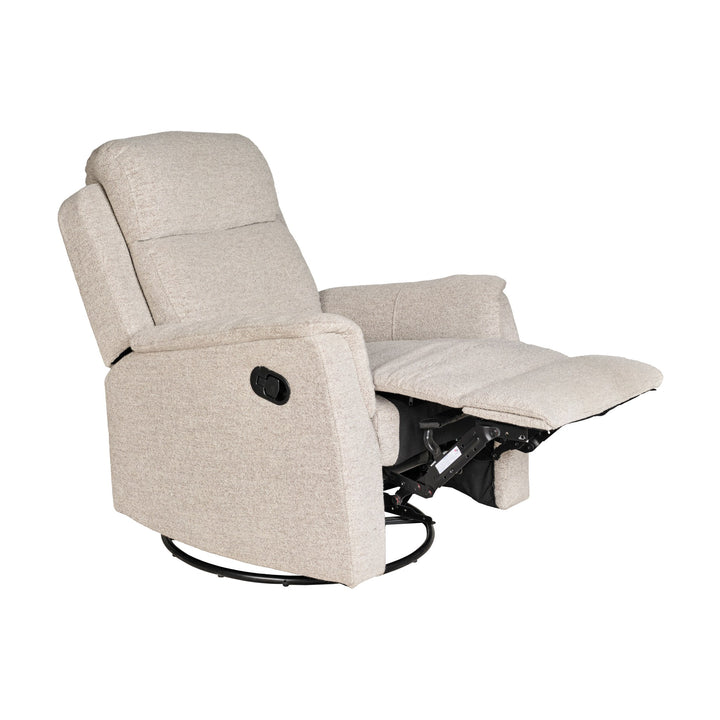 Tornio reclinerstol i beige stoff, tilbakelent med utfelt fotstøtte