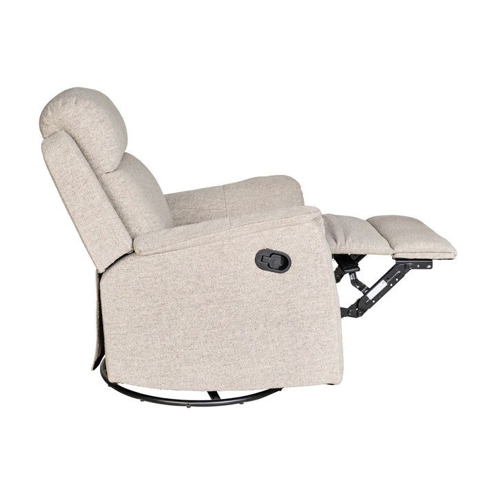 Tornio reclinerstol i beige stoff, sett fra siden, tilbakelent med fotstøtte