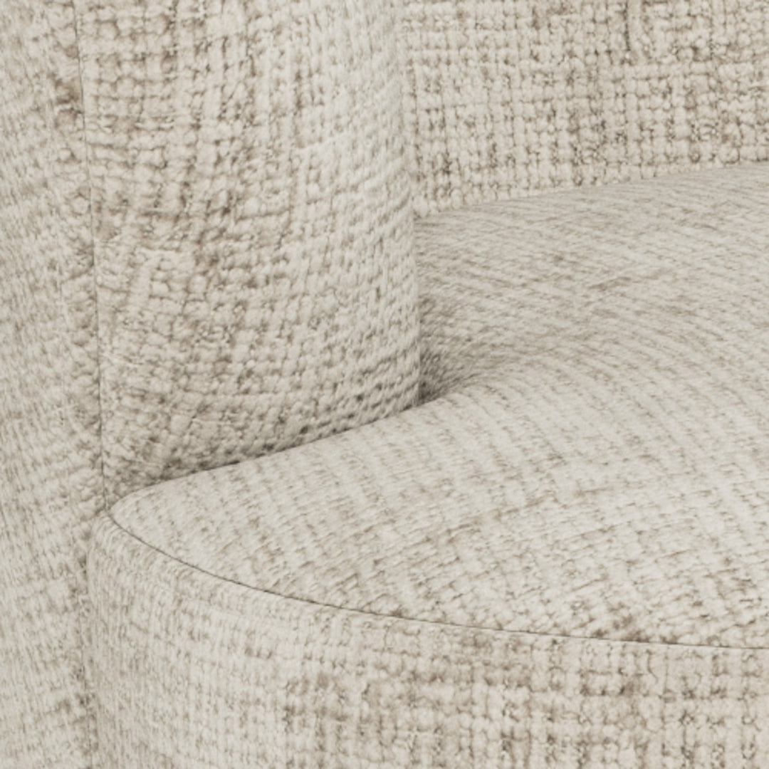 Darlene lounge stol, nærbilde av buet rygg og sete i beige chenille