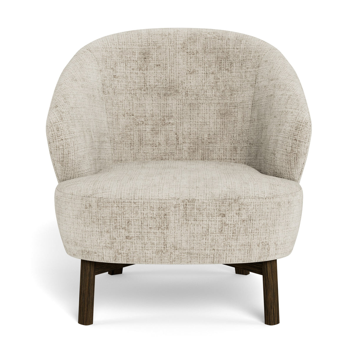 Darlene lounge stol i beige chenille med mørke trebein, sett forfra