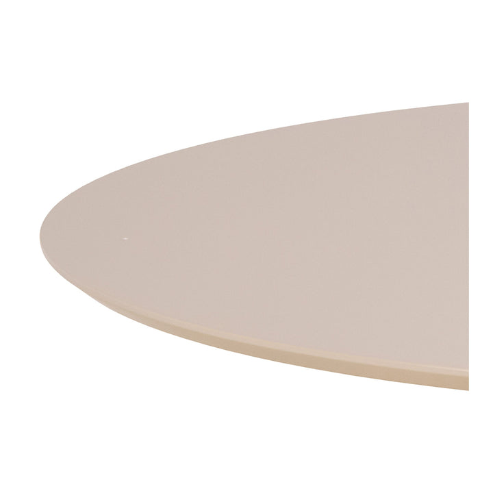 Ibiza spisebord i beige, nærbilde av den runde, matte platekanten ovenfra.