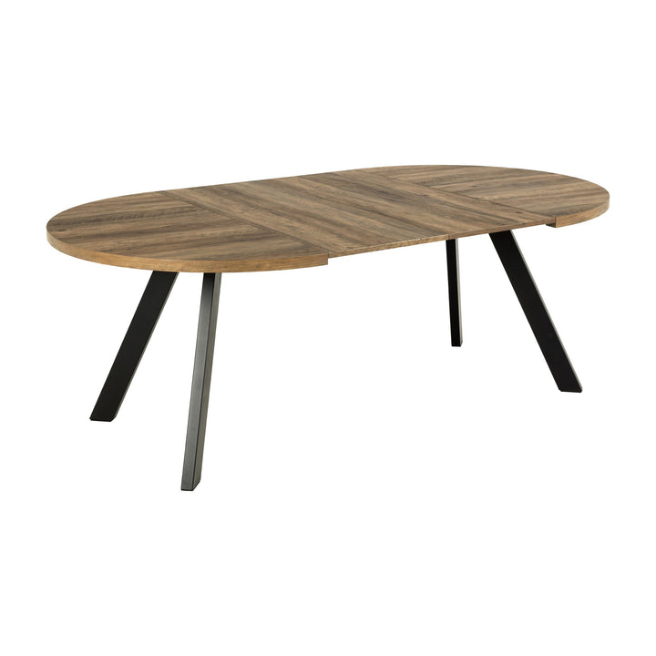 Zalida spisebord med oval plate i rustikk brun tre-look og sorte metallben, utvidet.