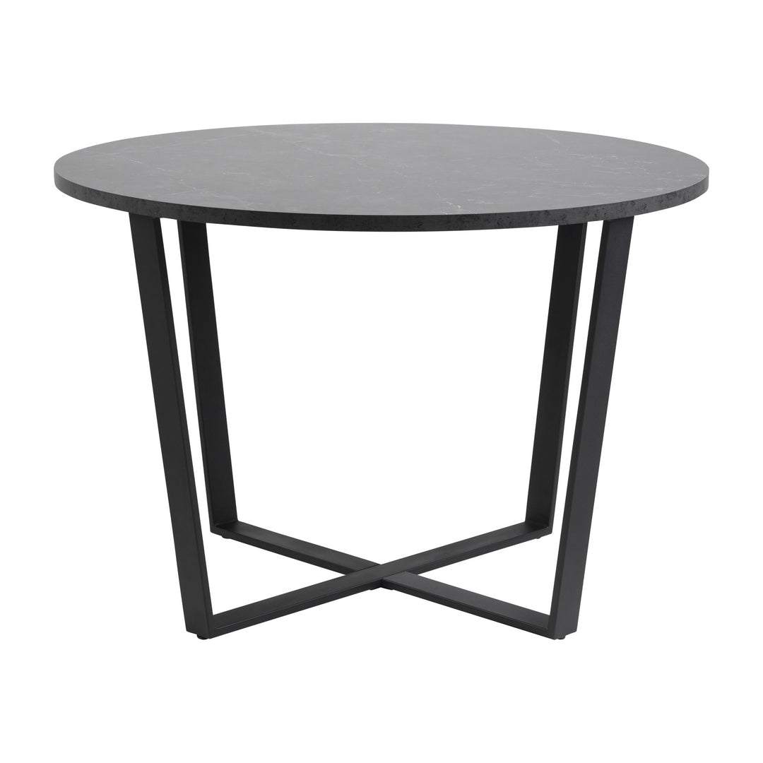 Amble spisebord med rund plate i sort marmorlook og sorte kryssben i metall.
