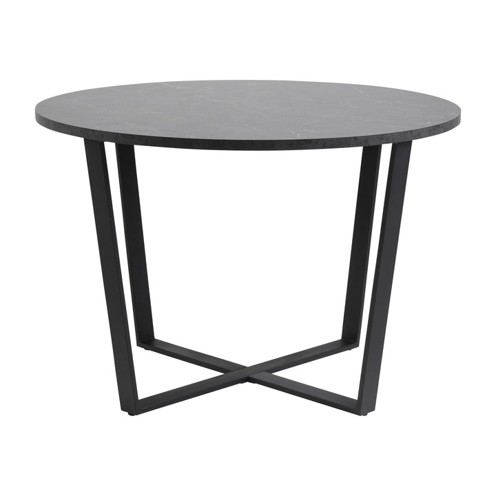 Amble spisebord med rund plate i sort marmorlook og sorte kryssben i metall.