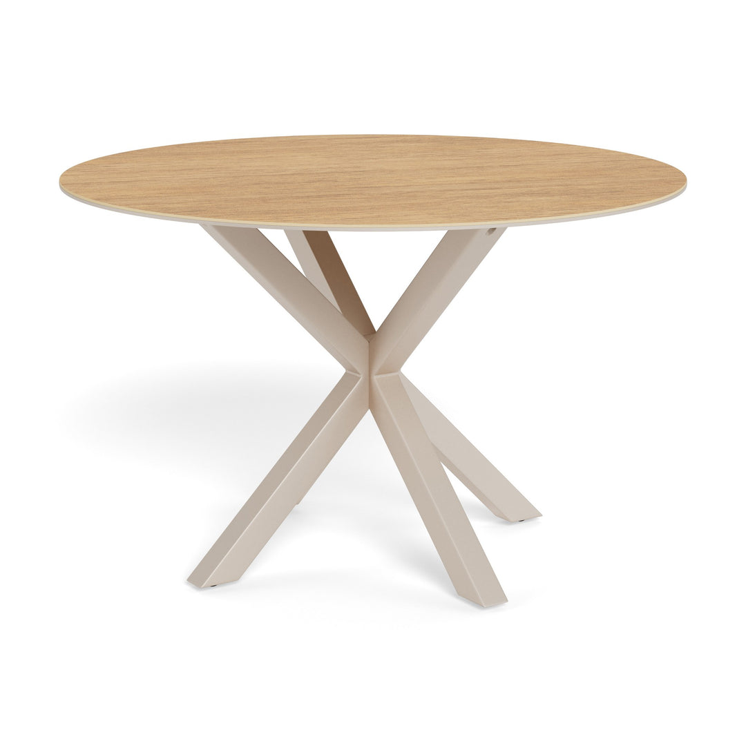 Earth spisebord, rundt, med lys eikelook-keramikkplate og sandfarget kryssunderstell