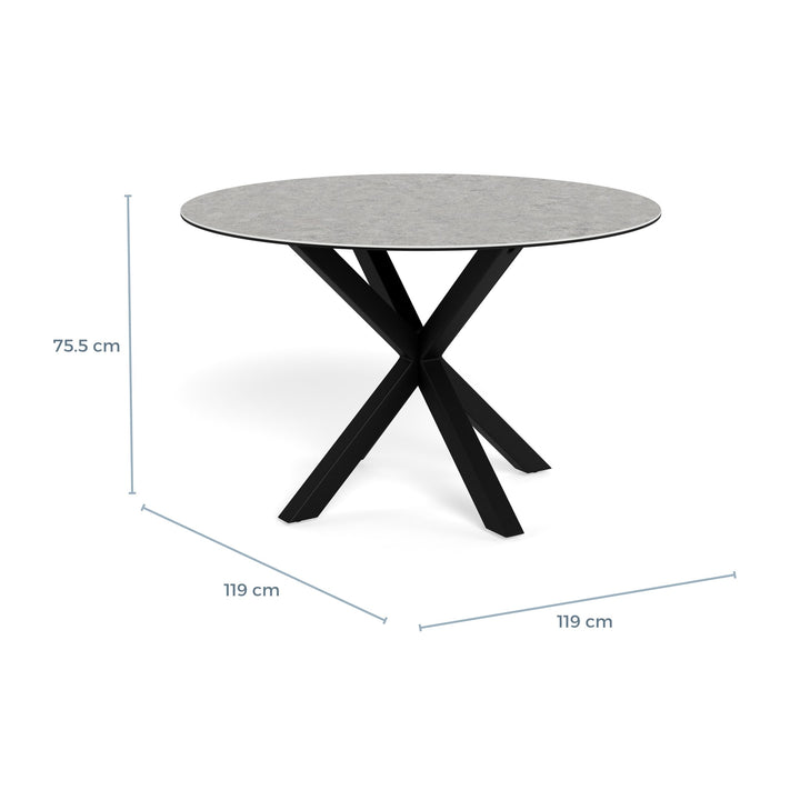 Earth spisebord, rund grå bordplate på sort kryssben med mål 119 cm og høyde 75,5 cm
