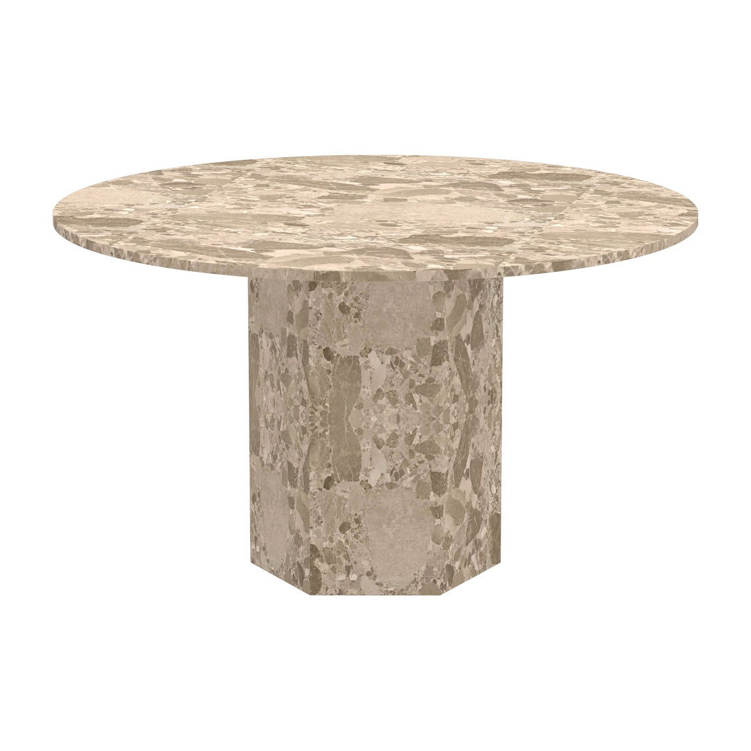 Naxos spisebord, rund beige marmorplate på sekskantet marmorsokkel