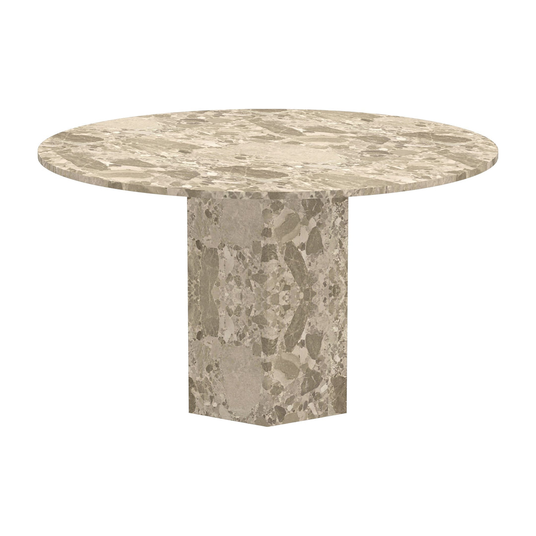 Naxos spisebord med rund beige marmorplate på sekskantet marmorsokkel