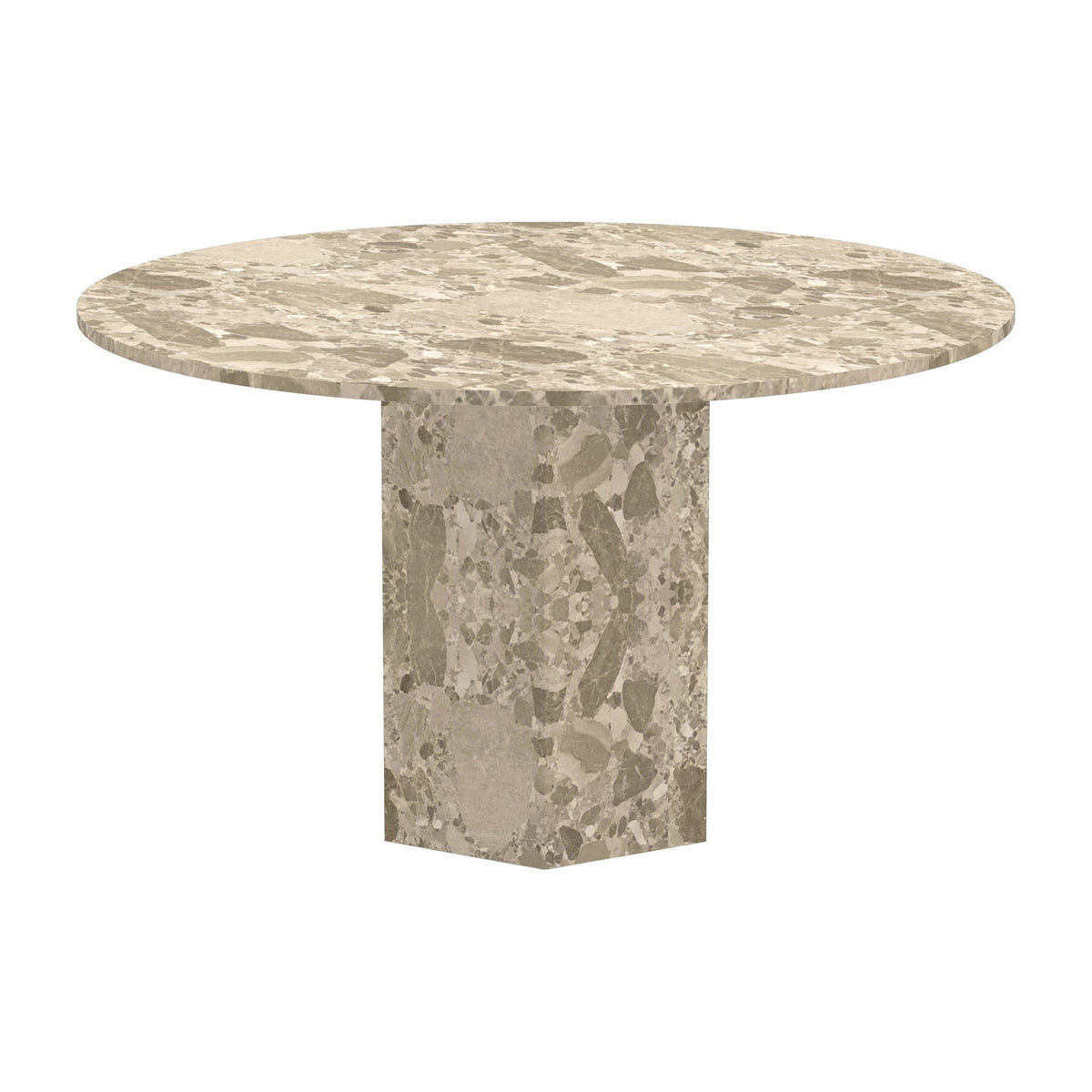 Naxos spisebord med rund beige marmorplate på sekskantet marmorsokkel