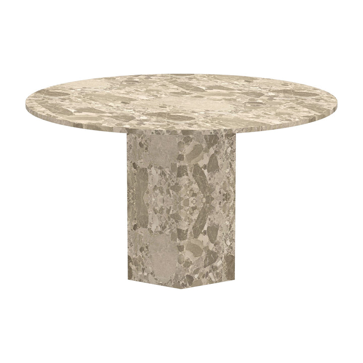Naxos spisebord med rund beige marmorplate på sekskantet marmorsokkel