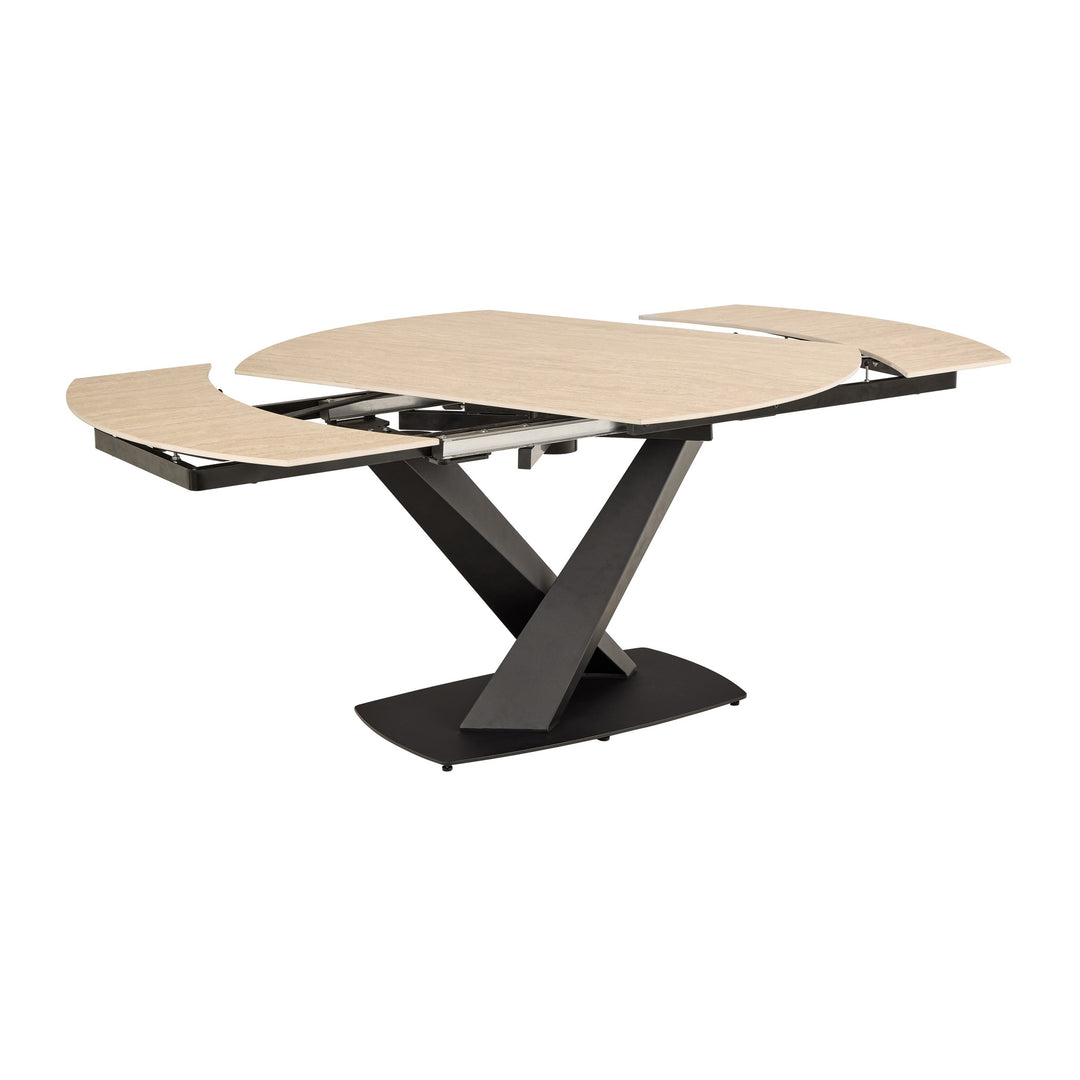 Morella spisebord i beige travertinlook med kryssformet fot i sort metall