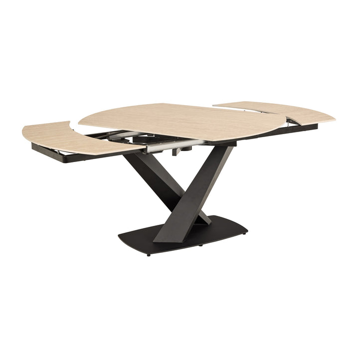 Morella spisebord i beige travertinlook med kryssformet fot i sort metall