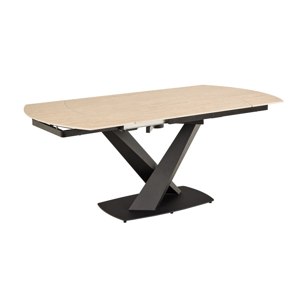 Morella spisebord med oval beige travertinlook-plate og sort ben