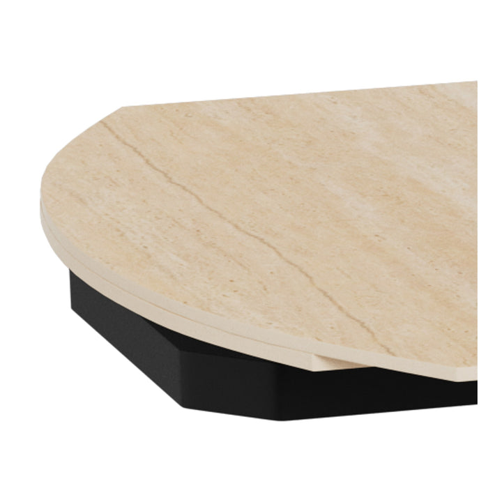 Morella spisebord, nærbilde av beige travertinlook-plate over sort understell