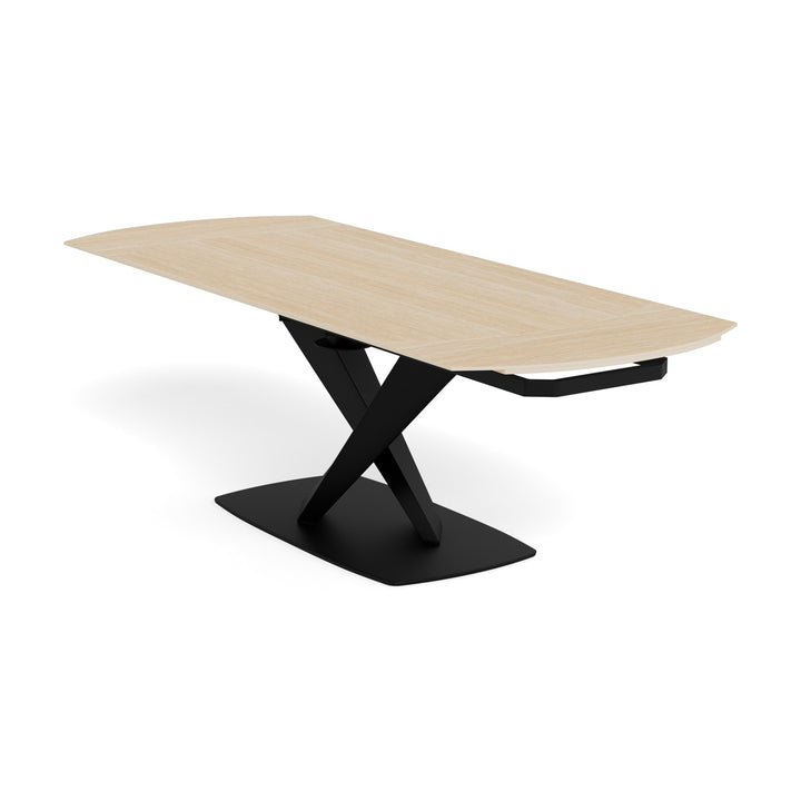Morella spisebord med beige travertinlook-plate og sort kryssformet metallunderstell