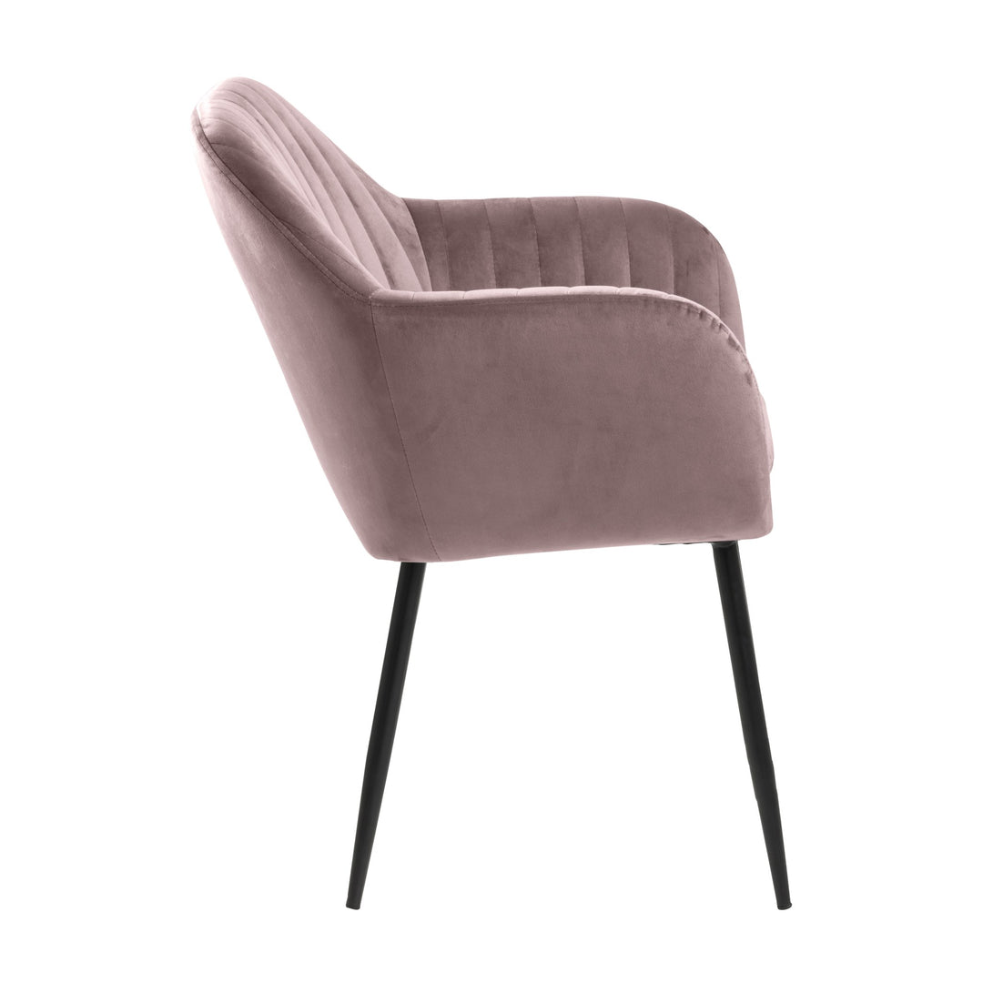 Emilia spisestol i rosa velur sett fra siden med svarte metallben