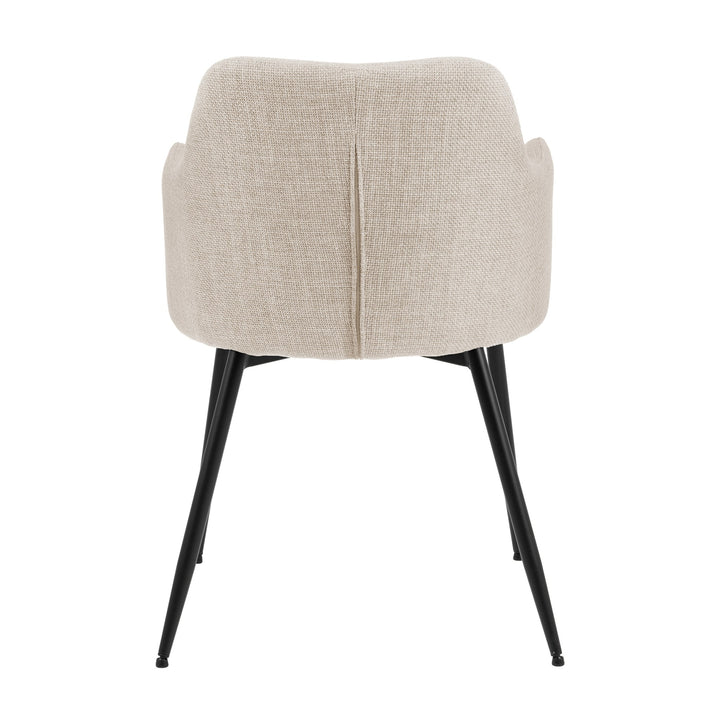 Ilsa spisestol i beige tekstil med armlener og svarte ben, sett bakfra