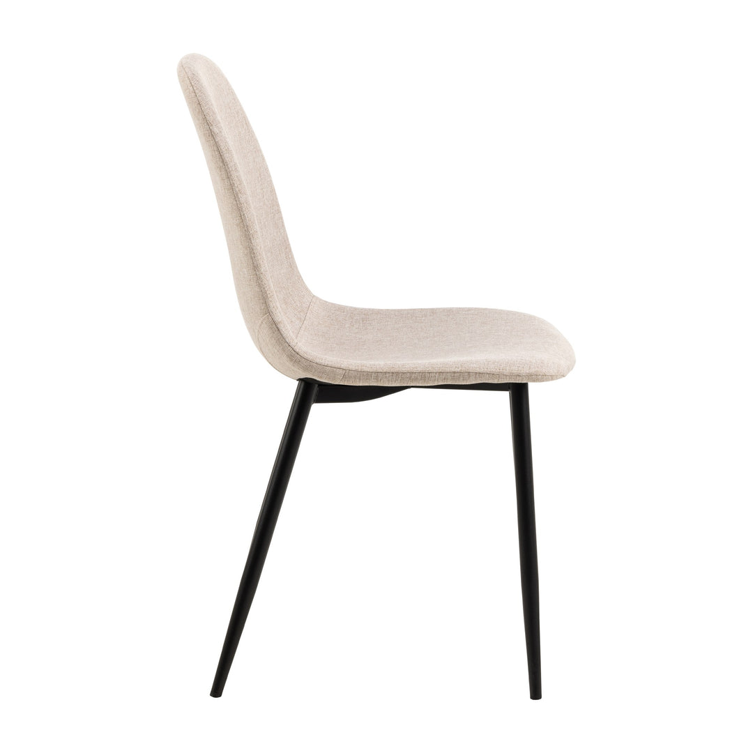 Celia spisestol i beige tekstil med sorte metallben, sett fra siden