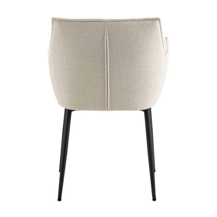 Bonita spisestol i lys beige med armlener og sorte metallben, sett bakfra mot hvit bakgrunn