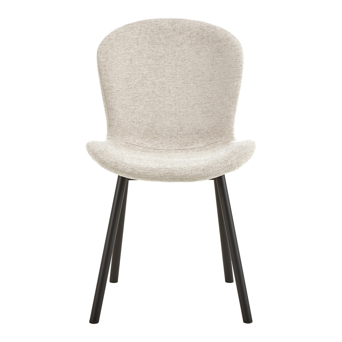 Esra spisestol i lys beige stoff med svarte metallben, sett forfra