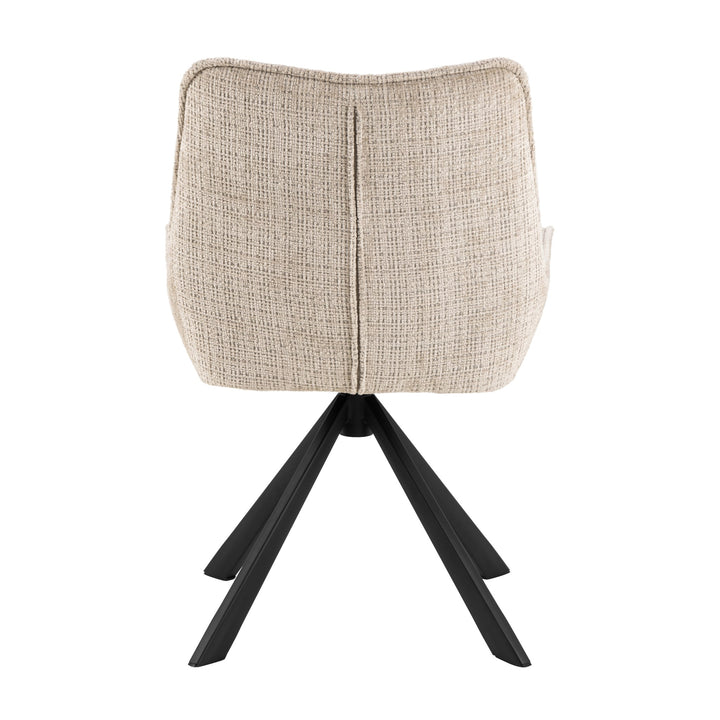 Eddie spisestol i beige stoff med armlener og svart stjernefot, sett bakfra