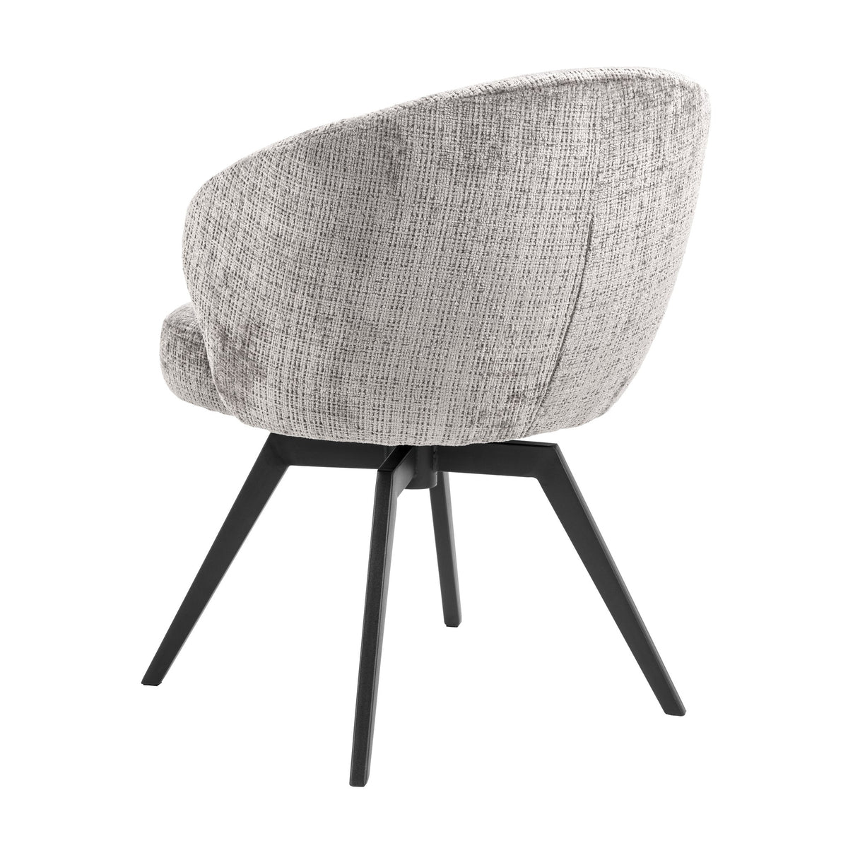 Darlene spisestol i lys grå melert chenille, sett bakfra med svart metallstativ