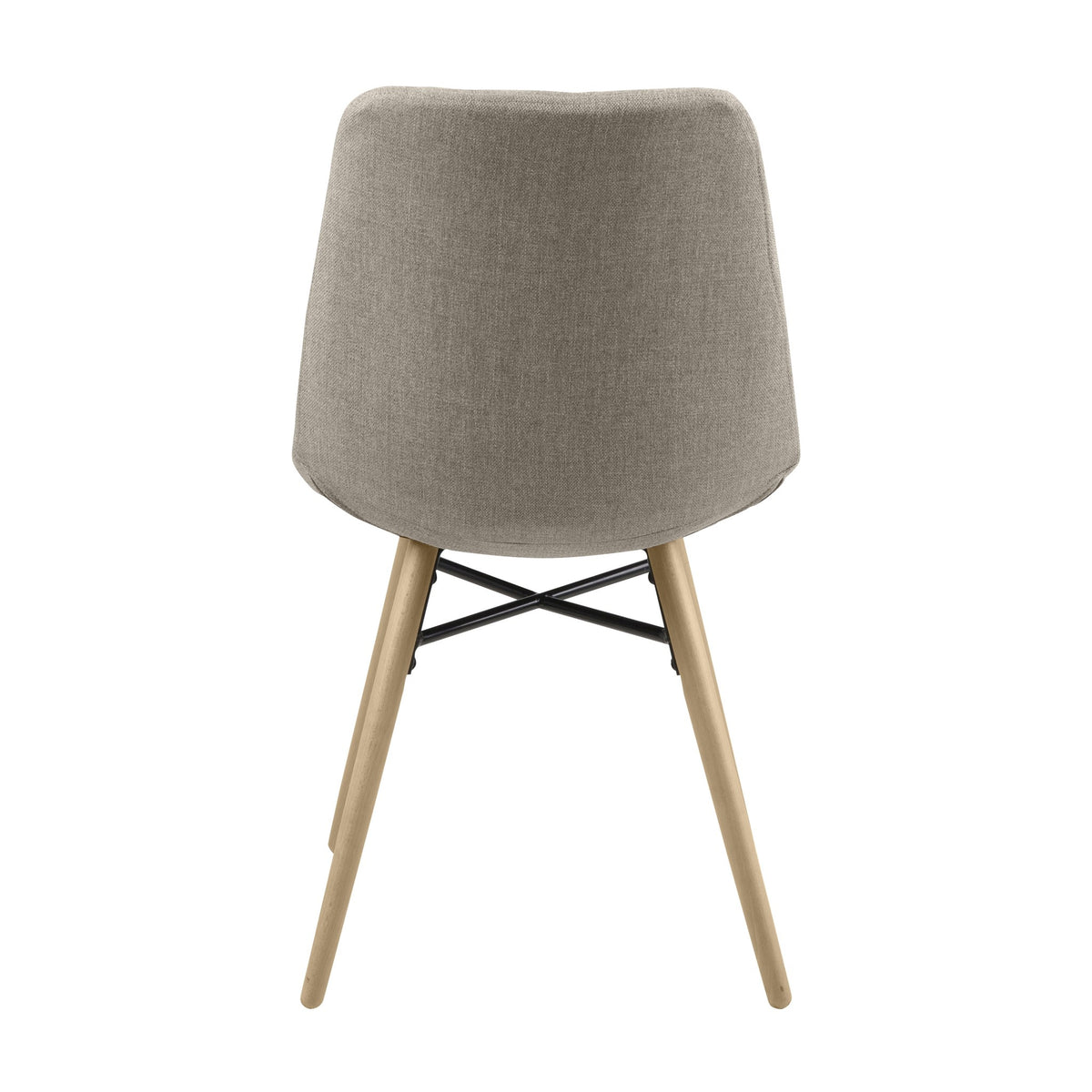 Lif spisestol i beige stoff, sett bakfra med lyse trebein og svart kryssavstiver