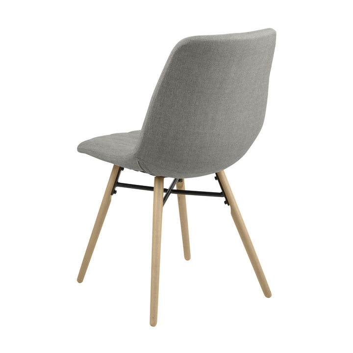 Lif spisestol i grått stoff sett skrått bakfra, med lyse trebein og svart metallkryss.