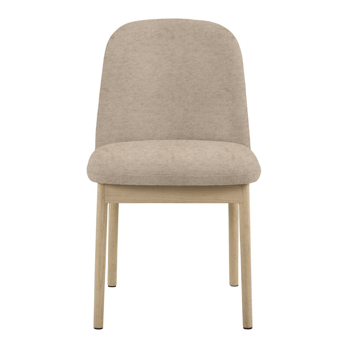 Leo spisestol i beige stoff sett forfra, med ramme og bein i lys eik.