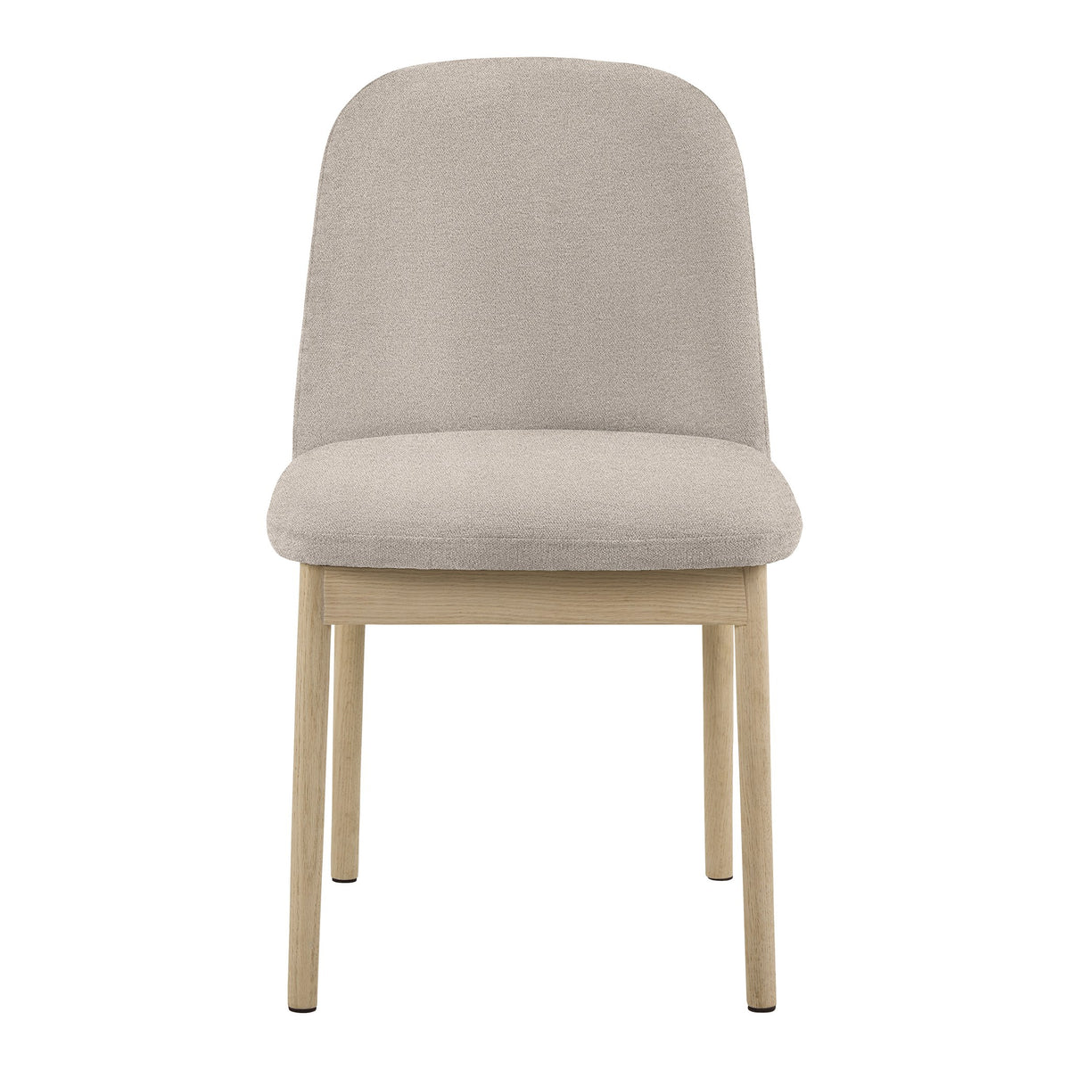 Leo spisestol i beige stoff sett forfra, med bein i lys eik.