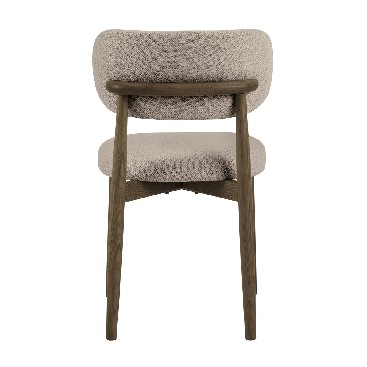 Absalon spisestol i beige bouclé sett bakfra, med ramme i mørk eik.
