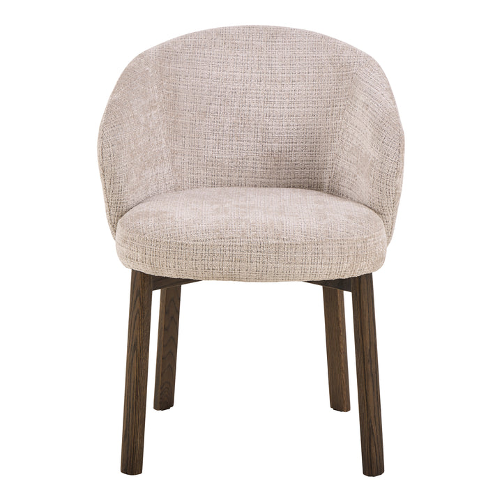 Darlene spisestol i kremfarget melert stoff sett forfra, skålformet sete med mørke eikeben