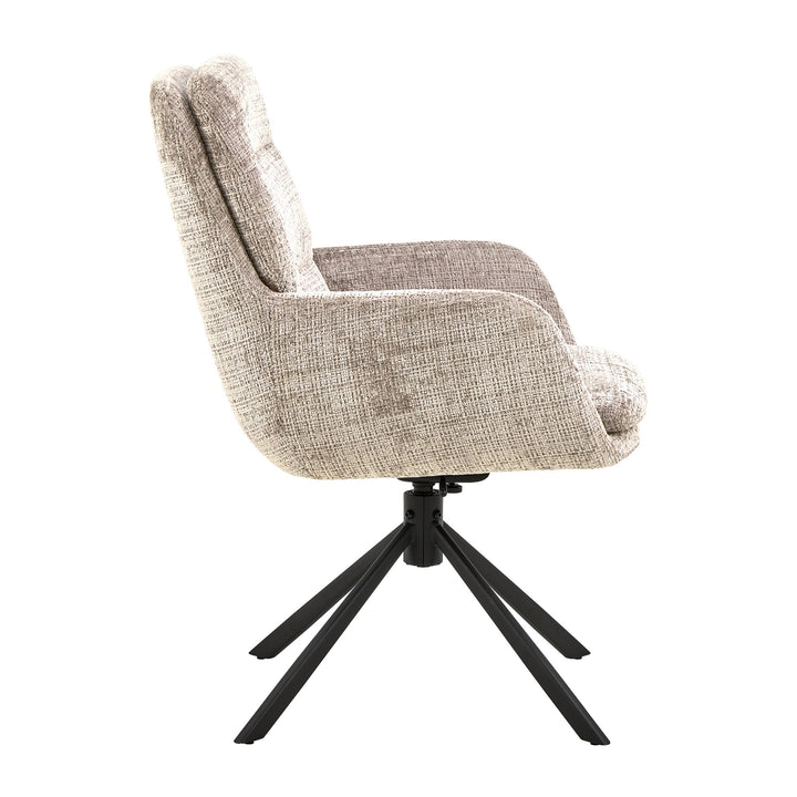 Edgar spisestol i beige chenille, sett fra siden, med sort dreiefot