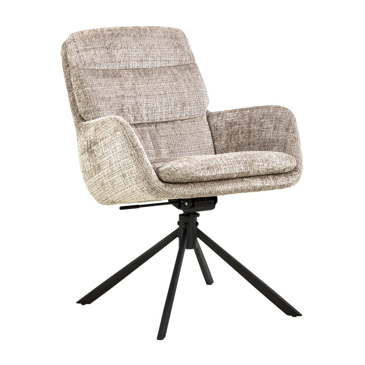 Edgar spisestol i beige chenille med armlener, sort dreiefot, sett skrått