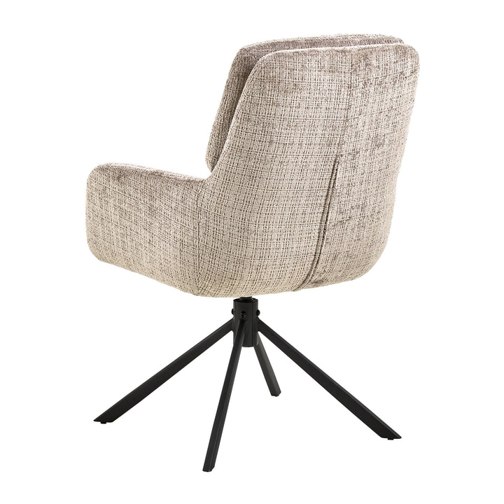 Edgar spisestol i beige chenille, sett skrått bakfra, med sort dreiefot