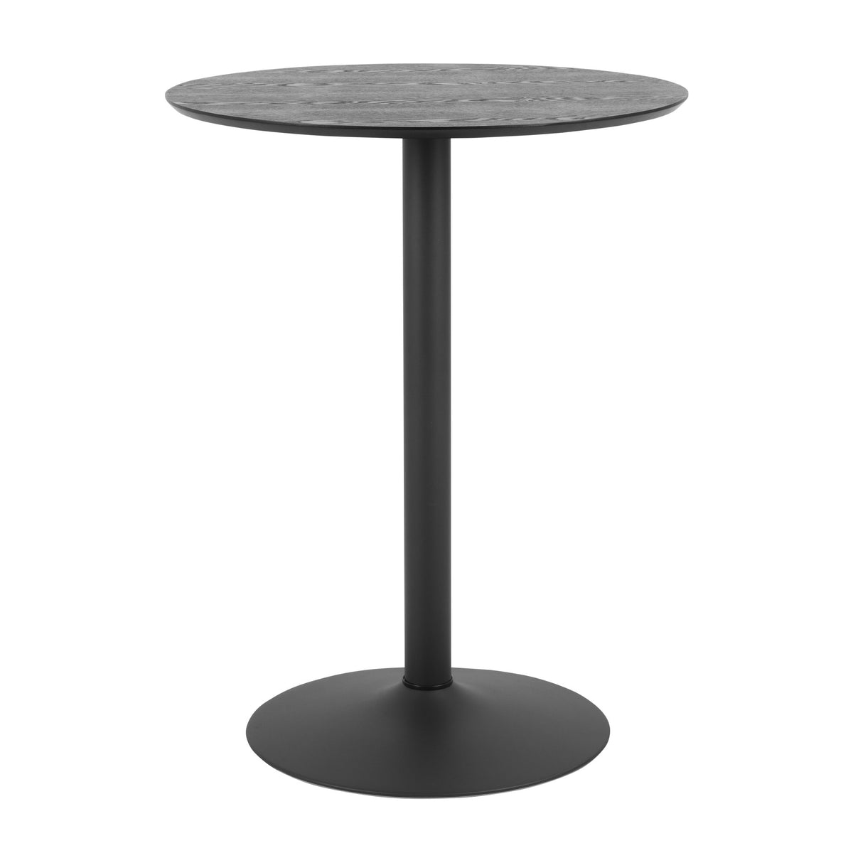 Ibiza barbord med rund plate i sort tre og sort søylefot i metall