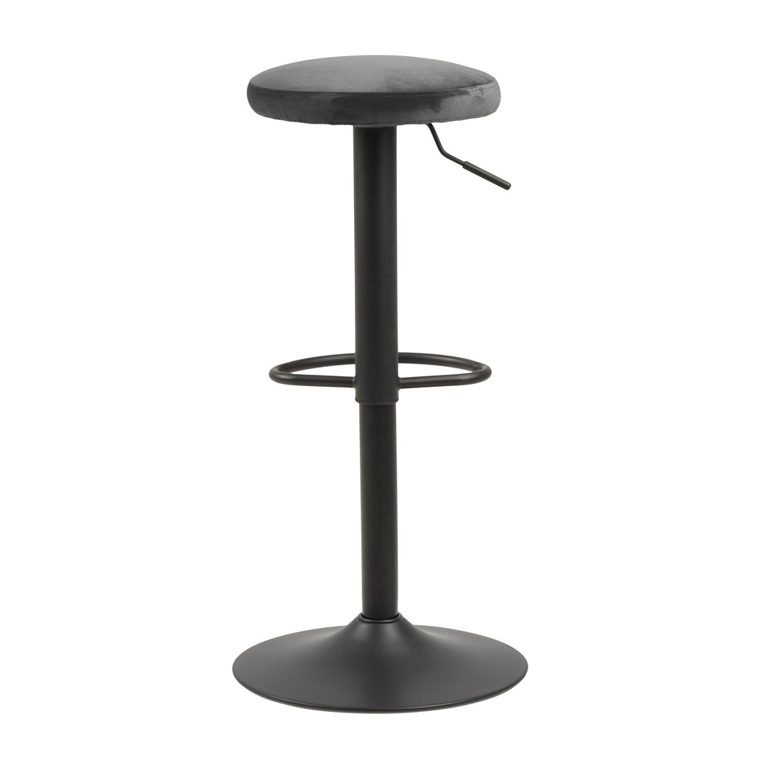 Finch barstol med rundt mørk grå velursete, sort metallsøyle, rund fot og fotring