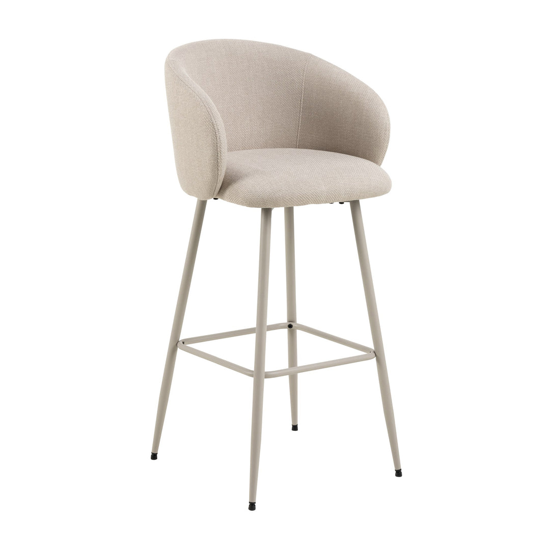 Eleanor barstol i beige strukturstoff med armlener og lyse beige metallben