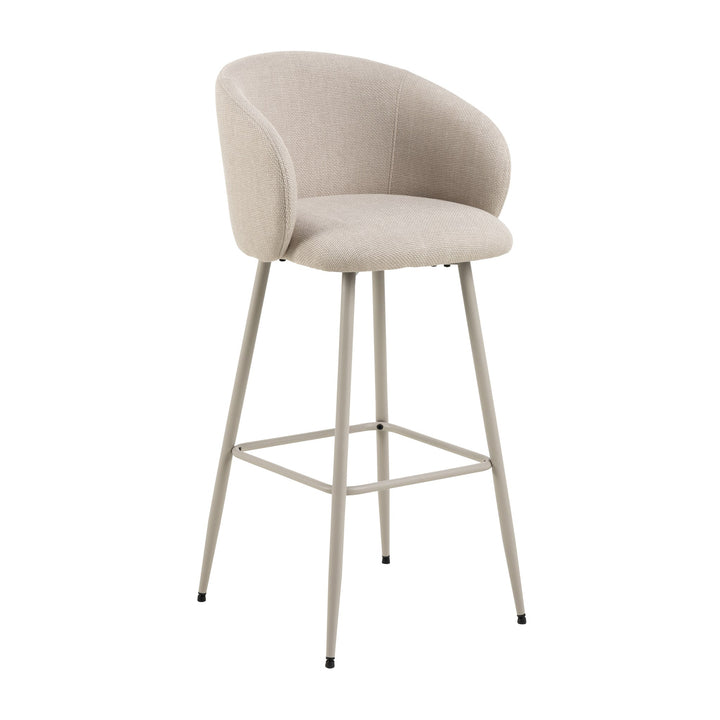 Eleanor barstol i beige strukturstoff med armlener og lyse beige metallben