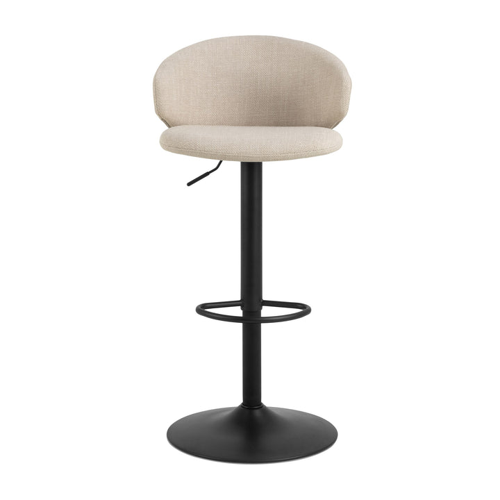 Ella barstol i beige stoff med svart dreibar fot, sett forfra.