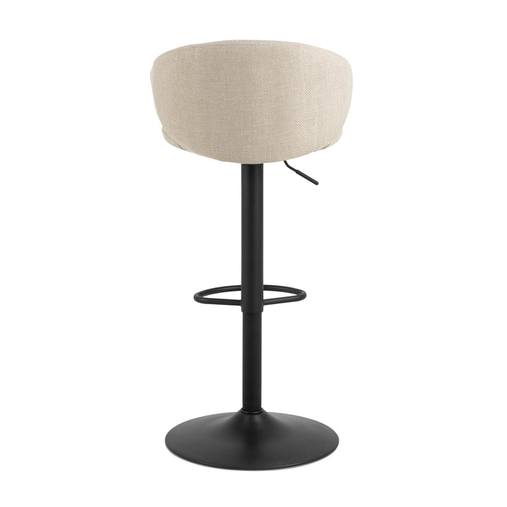 Ella barstol i beige stoff med svart fot og fotring, sett bakfra.