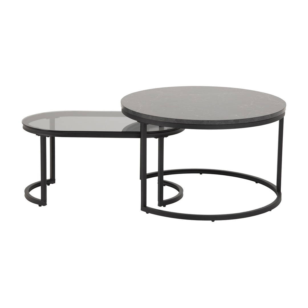 Spiro sofabord, rundt bord med sort marmortopp og mindre ovalt røykglassbord, sort ramme, hvit bakgrunn