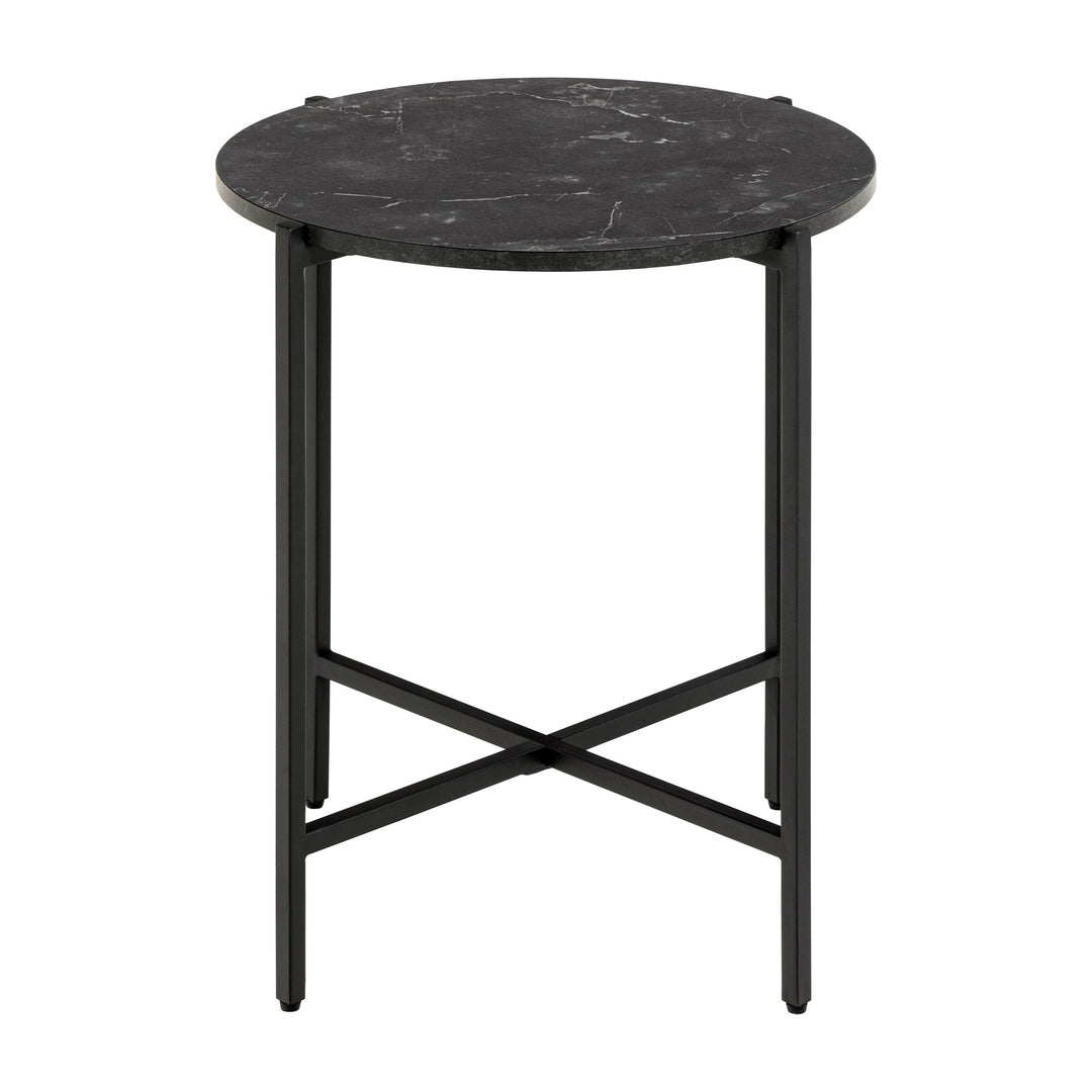 Lamoine sofabord med rund sortmarmorert plate og kryssben i sort metall, sett forfra
