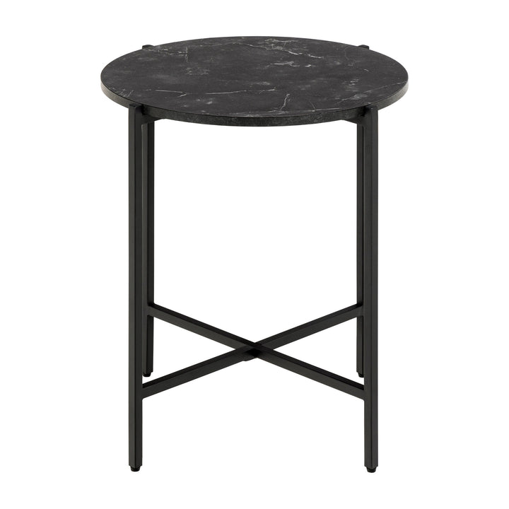 Lamoine sofabord med rund sortmarmorert plate og kryssben i sort metall, sett forfra